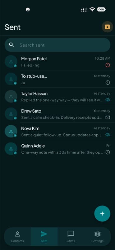 Sent tab with one-way messages, delivered and read receipts