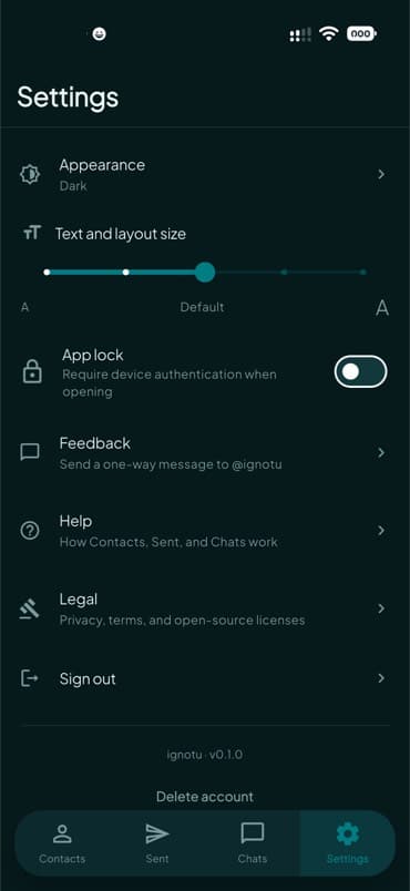 Settings: app lock, feedback to @ignotu, help, and sign out