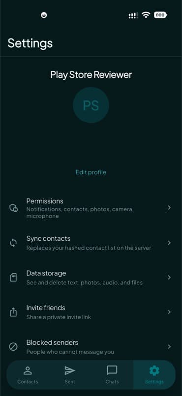 Settings: sync contacts, invite friends, and blocked senders